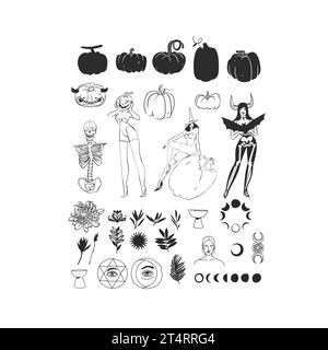 Hand gezeichneter Vektor abstrakte grafische Linie Kunst und Silhouette Halloween großer Satz von gruseligen Charakteren, Kürbisse, Schädel und Knochen isoliert. Halloween-Umriss Stock Vektor