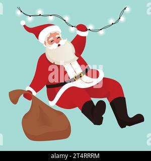 Der süße Weihnachtsmann hängt an den Weihnachtsgirlanden. Vektor-Illustration in Zeichentrick-Flat-Stil Stock Vektor