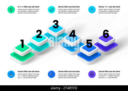 Infografik-Vorlage mit Symbolen und 6 Optionen oder Schritten. Abstrakte Quadrate. Kann für Workflow-Layout, Diagramm, Banner und Webdesign verwendet werden. Vektorillustra Stock Vektor