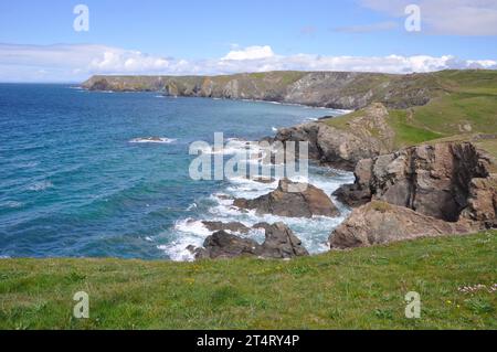 Der South West Coast Trail folgt der zerklüfteten Granitküste auf der Lizard Peninsula zwischen Lizard Point und Kynance Cove in Cornwall, England, Great B Stockfoto