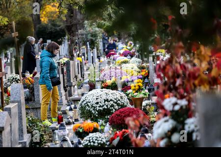 Krakau, Polen. November 2023. Am 1. November 2023 spazieren die Menschen zwischen Gräbern, die mit Blumen und Kerzen geschmückt sind, auf dem Rakowicki-Friedhof in Krakau, Polen. Allerheiligen in Polen ist ein sehr traditioneller Familienurlaub. Menschenmassen besuchen Friedhöfe im ganzen Land, um Kerzen anzuzünden und Blumen für die Verstorbenen zu bringen. (Foto: Dominika Zarzycka/SIPA USA) Credit: SIPA USA/Alamy Live News Stockfoto