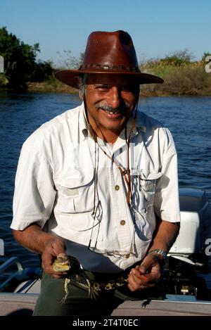 Lächelnder Mann, der in einem Boot auf dem Okavango sitzt und ein Babykrokodil hält, Botswana Stockfoto