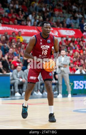 1. November 2023: JORDAN SAKHO Demokratische Republik Kongo Spieler aus Ucam Murcia CB, Murcia Region Murcia, UCAM MURCIA CB vs IGOKEA:TEL Basketball Champions League MURCIA Sports Palace, Region Murcia, 01. November 2023 Stockfoto