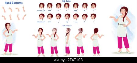 Ein Modellblatt weiblich. Frauengeschaffenset. Mädchen-Turnaround-Blatt, Handgesten, Lippensynchronisierung Stock Vektor