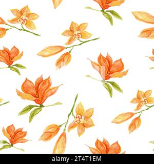 Nahtloses Aquarellmuster mit tropischen orangen Magnolien und Orchideenblüten auf weißem Hintergrund. Druck für frühlingshafte Blumen mit grünem Stoff Stockfoto