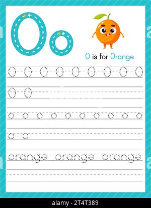 Trace-Buchstabe O Groß- und Kleinbuchstaben. Alphabet Tracing Übungsblatt für Kinder, die Englisch lernen mit Cartoon Orange. Aktivitätsseite für Stock Vektor