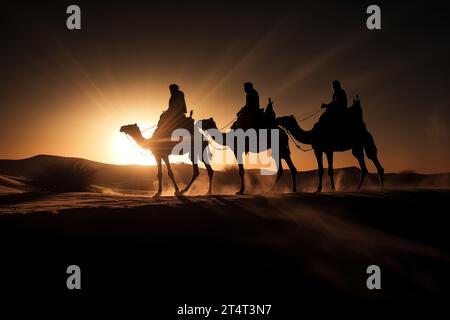 Hintergrundbeleuchtetes Bild der drei Weisen auf ihren Kamelen, die durch die Wüste reisen, mit der Sonne, die sich hinter ihren Schatten reflektiert, und mit Dünen in der Ba Stockfoto