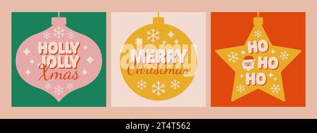 Set aus moderner festlicher Phrase mit Weihnachtskugeln. Holly Jolly Xmas, frohe Weihnachten, ho ho ho ho ho. Vektorabbildung Stock Vektor