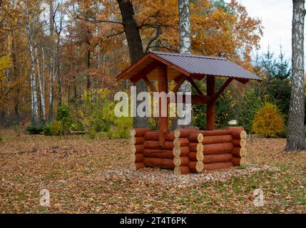 Holzgut im Retro-Stil in Herbstwäldern. Wasser im Dorf mit einem Eimer und Seil holen. Herbst im Dorf. Stockfoto