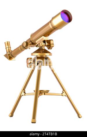 Goldenes Teleskop mit stabilem Stahlstativ, 3D-Rendering isoliert auf weißem Hintergrund Stockfoto