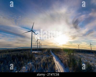 Luftbild über der Waldwinterstraße mit Windmühlen, die auf der linken Seite im Wald stehen. Straße in der Mitte der Sicht. Große Windturbinen Stockfoto