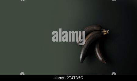 Bananen mit geschwärzter Schale auf dunklem Hintergrund. Schwarzweiß. Minimale künstlerische Komposition. Exklusives Poster in modernem Design. Kopierbereich Stockfoto