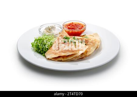 Hühnchen Quesadilla, Dressings Stockfoto