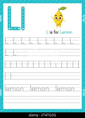 Trace-Buchstabe L Groß- und Kleinbuchstaben. Alphabet Tracing Übungsblatt für Kinder, die Englisch mit Zeichentrickfilm Lemon lernen. Aktivitätsseite für Stock Vektor