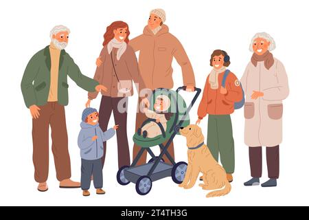 Zeichentrickfiguren der Familie. Glückliche Eltern, Großeltern und Kinder. Menschen stehen zusammen. Mehrere Generationen. Kleinkinder in Kutsche und Hund Stock Vektor