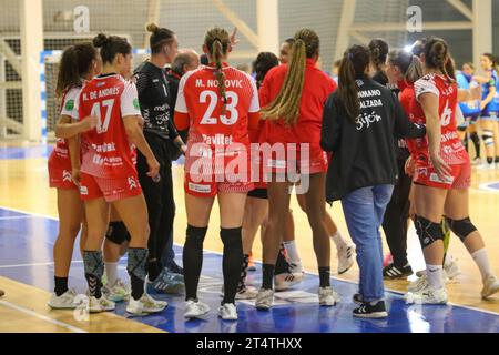 Oviedo, Spanien, 1. November 2023: Die Spieler von Motive.Co Gijon Balonmano La Calzada feiern den Sieg am 9. Spieltag der Liga Guerreras Iberdrola zwischen Lobas Global ATAC Oviedo und Motive.Co Gijon Balonmano La Calzada am 1. November 2023 im Florida Arena Municipal Sports Center in Oviedo, Spanien. Quelle: Alberto Brevers / Alamy Live News. Stockfoto