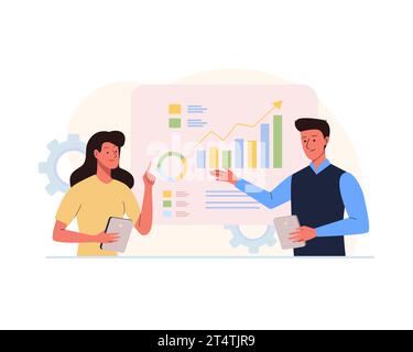 Frau und Mann diskutieren über das Projekt auf dem Armaturenbrett-Monitor. Geschäftsstrategie- und Analysedesign-Konzept. Illustration des flachen Vektors Stock Vektor