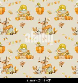 Süßer Herbstzwerg mit Kürbisernte, Aquarellmalerei, nahtlosem Muster. Herbstsaison Cartoon-Zwerg mit orangefarbener Gemüsemalerei Stockfoto