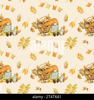 Süßer Herbstzwerg mit Kürbisernte, Aquarellmalerei, nahtlosem Muster. Herbstsaison Cartoon-Zwerg mit orangefarbener Gemüsemalerei Stockfoto