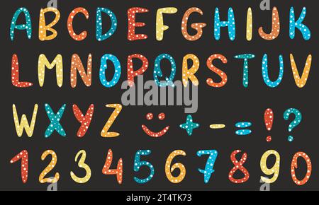 Grafischer Vektor setzt englisches Alphabet. Niedliche farbige Buchstaben und gesprenkelte Zahlen. Babysymbole zum Schreiben und Gestalten von Karten, Poster und Einladungen Stock Vektor