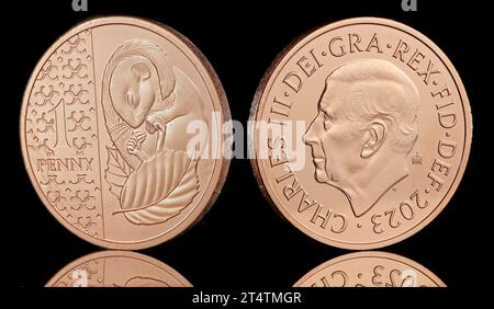 Die neue 1-Penny-Münze und die erste, die König Karl III. Zeigt Das umgekehrte Design ist eine schlafende Türmaus Stockfoto