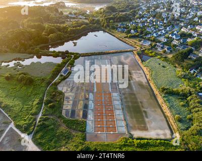 Aus der Vogelperspektive des Salzwassers Kervillen mit der Stadt La Trinité-sur-Mer im Hintergrund (Morbihan, Bretagne, Frankreich). Kleine handwerkliche Salzextraktion. Stockfoto