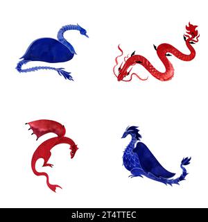 Set blauer und roter Drachen. Märchenfiguren. Isolierte Aquarellillustration auf weißem Hintergrund Stockfoto