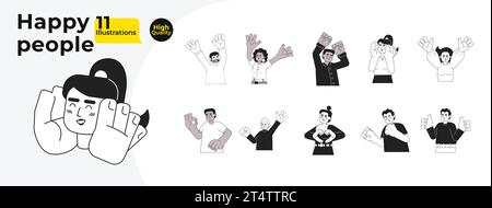 Happy People diverse schwarz-weiße Zeichentrickfiguren Stock Vektor