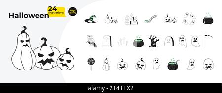 Halloween-gruselige 2D-Zeichentrickobjekte in Schwarz und weiß Stock Vektor