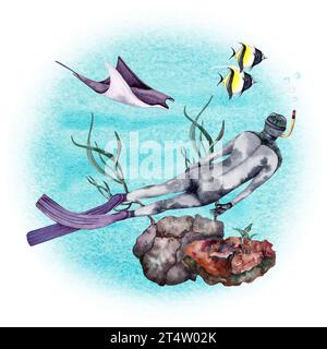 Meereslebewesen mit Taucher, Korallenriff, Algen, Meerestieren und tropischen Fischen. Aquarellabbildung auf weißem Hintergrund. Stockfoto