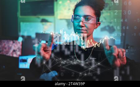 Hacking von Frauen, Brillen und Cybersicherheit, Hologrammalgorithmus und Code mit Malware, futuristische Technologie und iot. Datenschutz-Overlay, Dashboard Stockfoto