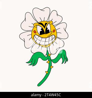 Lustige Comic-Blume im Retro-Stil mit einem bedrohlichen, fleischfressenden Lächeln. Groovige Vintage 70er Jahre Blume Charakter mit einem verspielten und fleischfressenden Stock Vektor