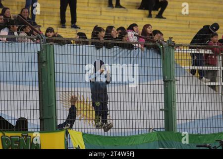 Florencio Varela, Argentinien, 1. November 2023. Fans von Defensa y Justicia während des Spiels zwischen Defensa y Justicia und Racing Club. Quelle: Fabideciria. Stockfoto