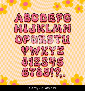 Grooviges Alphabet im Retro-Stil. Alte Schriftzeichen und Zahlen aus den 70er Jahren auf kariertem Hintergrund. Stock Vektor