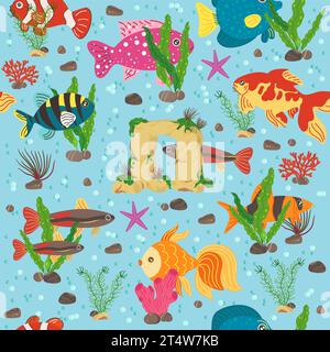 Nahtloses Muster mit Meeresfischen. Unterwasserwelt. Dekorative Algen und Steine, Dekor-Textil, Geschenkpapier, Tapetendesign. Stoffdruck Stock Vektor