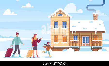 Die Familie kam in den Winterurlaub. Glückliche Mutter, Vater und Sohn verbringen Zeit zusammen im Freien. Haus im Schnee, Hotel Cottage, Landhaus Cartoon Stock Vektor