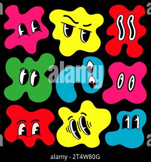 Retro-Zeichentrickfilm Amöben Formen lustige Gesichter. Groovige Vintage 30er 60er 70er Jahre minimalistische Gesichter mit verschiedenen Emotionen auf abstrakten Formen Stock Vektor