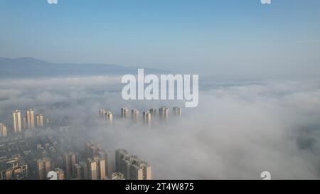 LIUZHOU, CHINA - 2. NOVEMBER 2023 - Luftbild zeigt den Webstuhl des Bezirks Rongan im Nebel in Liuzhou, Provinz Guangxi, China, 2. November 2023. Stockfoto
