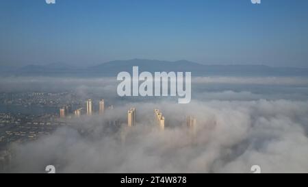 LIUZHOU, CHINA - 2. NOVEMBER 2023 - Luftbild zeigt den Webstuhl des Bezirks Rongan im Nebel in Liuzhou, Provinz Guangxi, China, 2. November 2023. Stockfoto