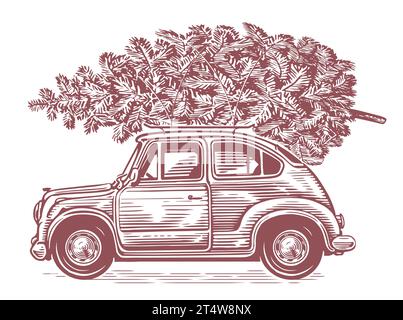 Retro-Auto mit Weihnachtsbaum oben im Sketch-Art-Stil. Handgezeichnete Vintage-Vektor-Illustration Stock Vektor