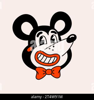 Maus-Figur im Retro-Stil. Groovige rote Maus aus den 70er Jahren mit lustigem Gesicht Stock Vektor