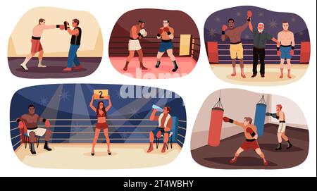 Boxszenen am Ring. Muskulöse Athleten beim Sparring, Training und Kämpfen, professionelle Kämpfer, Schiedsrichter und Ringmädchen bei Meisterschaften, Cartoon Stock Vektor