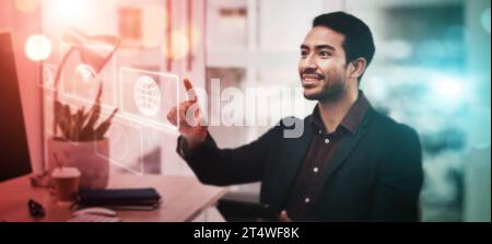 Mann, Büro und Nacht mit Finger-by-Hologramm-Overlay für Web-Design, Innovation und 3D ux für Tippen. Programmierexperte, holografische benutzeroberfläche oder Website Stockfoto
