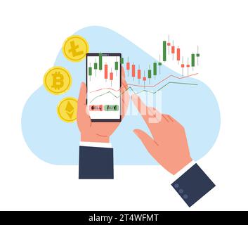 Smartphone-Handel an der Börse. Handheld-Handy mit Finanzanlageanwendung auf dem Bildschirm, Kryptowährungsmünzen. Flacher Cartoon-Style Stock Vektor
