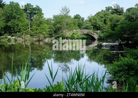 Blick auf den Teich, eines von sieben Wasserkörpern im Central Park in der Nähe des Grand Army Plaza, gegenüber dem Central Park südlich vom Plaza Hotel, NYC Stockfoto