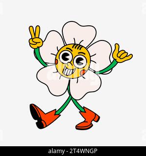 Retro-Stil Cartoon Gänseblümchenfigur mit fröhlichem Ausdruck. Groovige Vintage 70er Jahre Blumenfigur mit lustigem Gesicht, zeigt Frieden und den shaka Stock Vektor
