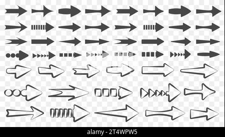 Pfeile große schwarze Set-Symbole. Pfeilsymbol. Pfeilvektorsammlung. Pfeil. Cursor. Moderne einfache Pfeile. Satz von Vektorpfeilen mit verschiedenen Formen und Stock Vektor