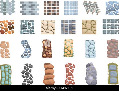 Steinfußweg-Symbole setzen Cartoon-Vektor. Weg Straße Stein. Hinterhof Terrasse Wald Stock Vektor