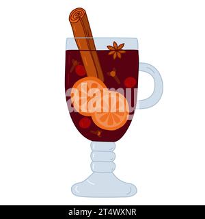 Glas mit Glühwein, Anisstern, Nelken, Preiselbeere, Zimtstab und Zitrusscheiben, Vektorillustration Stock Vektor