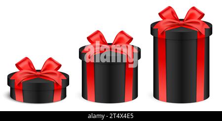 Schwarze Geschenkschachteln mit roter Bänder in unterschiedlicher Höhe, isoliert auf dem Hintergrund. Große, niedrige und normale Größe realistische zylindrische Geschenkbox Set, Vektorillustration. Stock Vektor